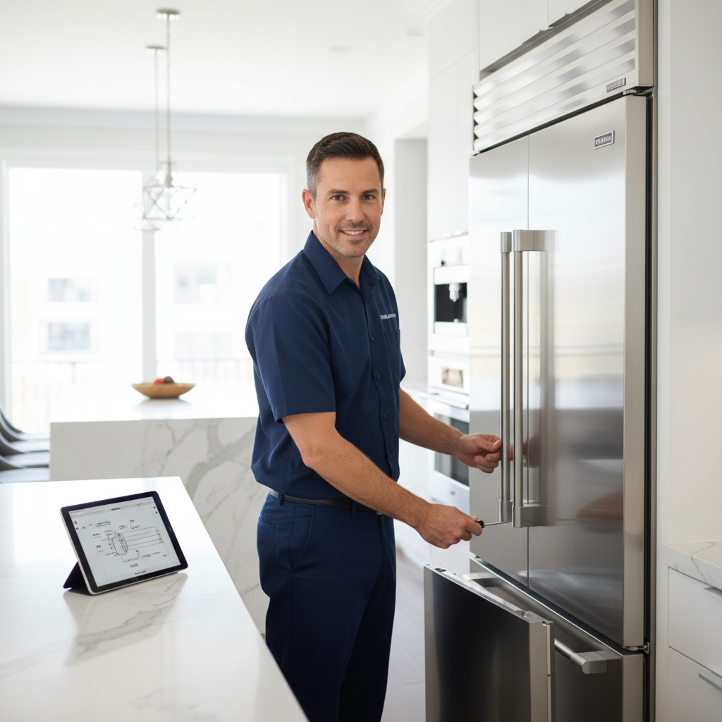Professional appliance repair technician inspecting a built-in refrigerator